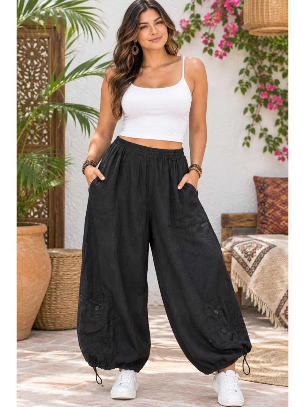 Wide-leg balloon Black Pants Linen size Large Elastic Waist Cargo pockets Baggy